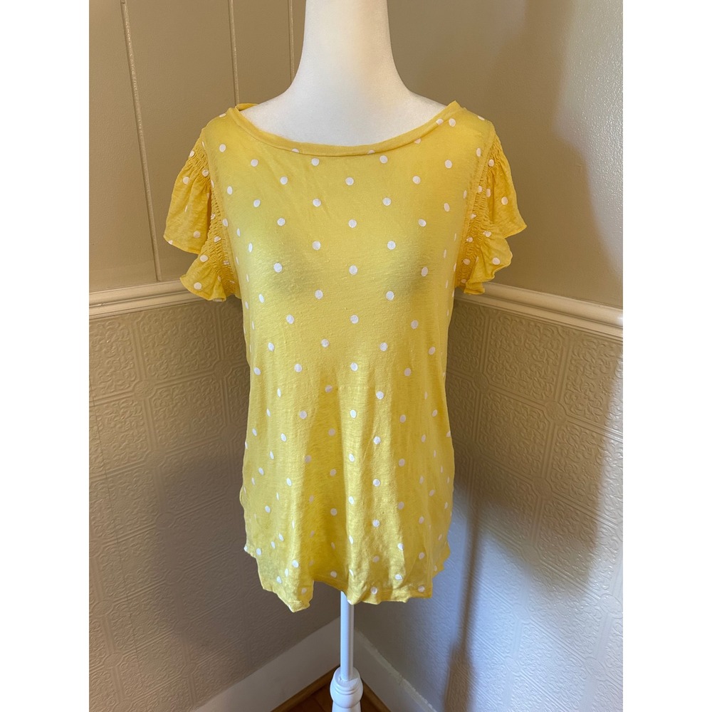 Loft Yellow Polka Dot Linen Blend Flutter Sleeve Tee Top Medium